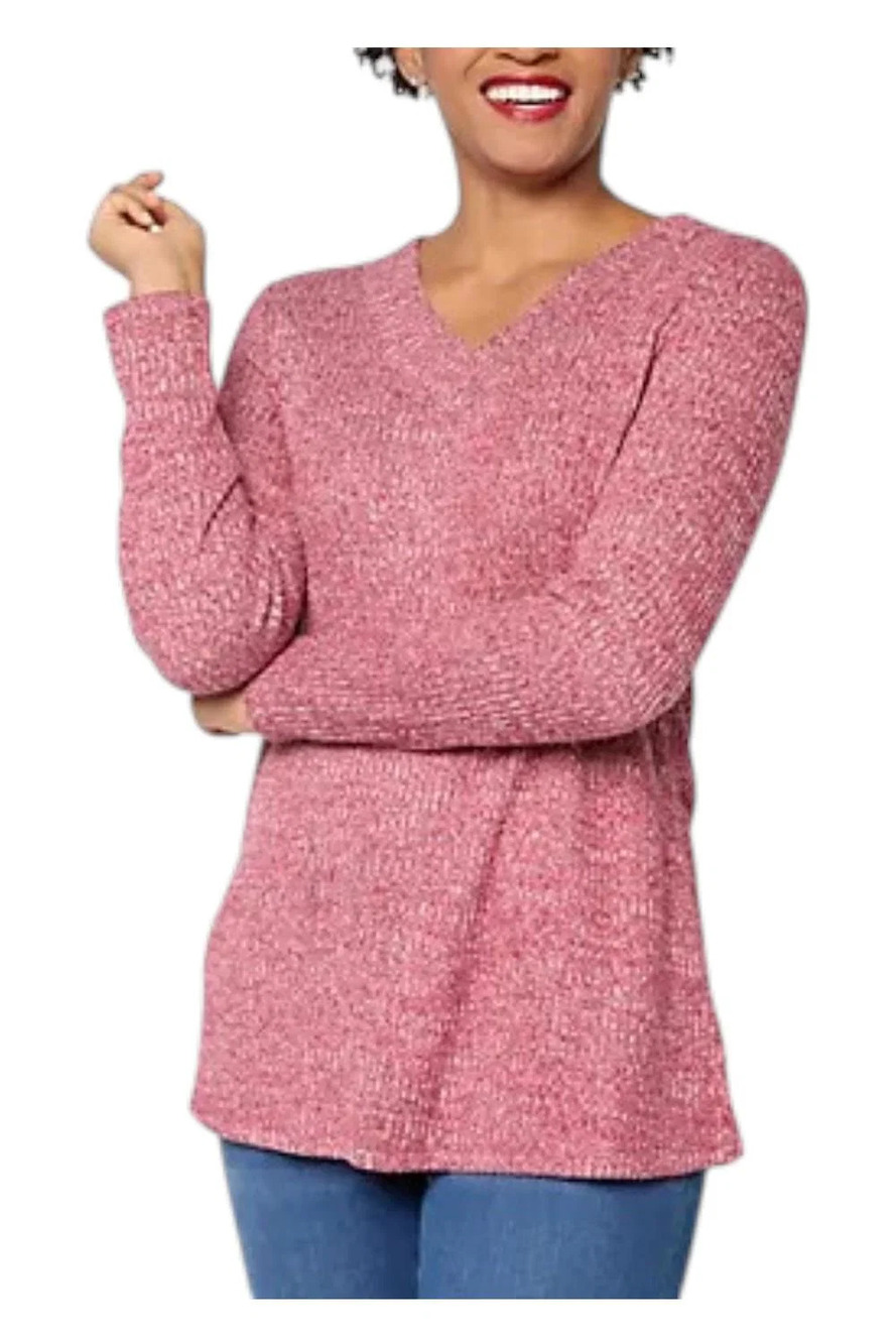 Denim & Co. Women's Ribbed Long Sleeve V-Neck Tunic Cranberry - Regular